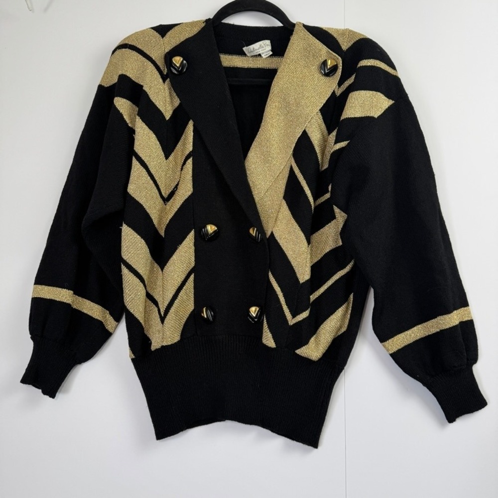 Vintage Antonella Preve New York Gold Metallic Chevron Cardigan Sweater Black